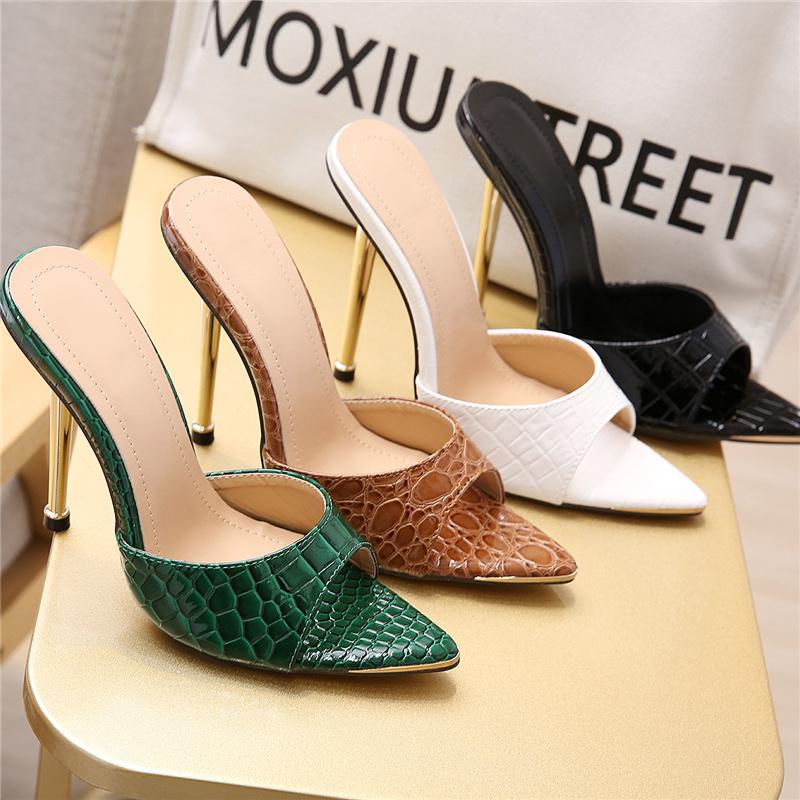 

Summer Women Extreme 12.5cm High Heels Mules Shale Slides Female Stiletto Green Slippers Sexy Crocodile Leather Shoes, White