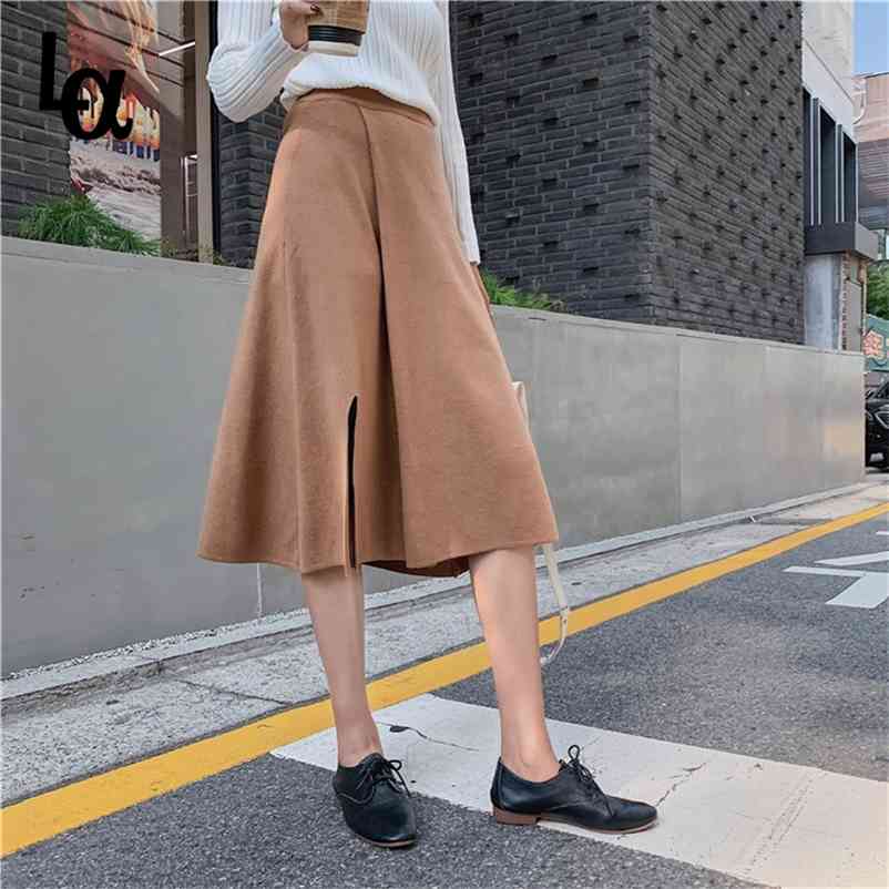 

Winter Women Skirt Elastic Waist Knitted Female Warm A-line Split Mid-Length s Sweater Midi 210519, Apricot