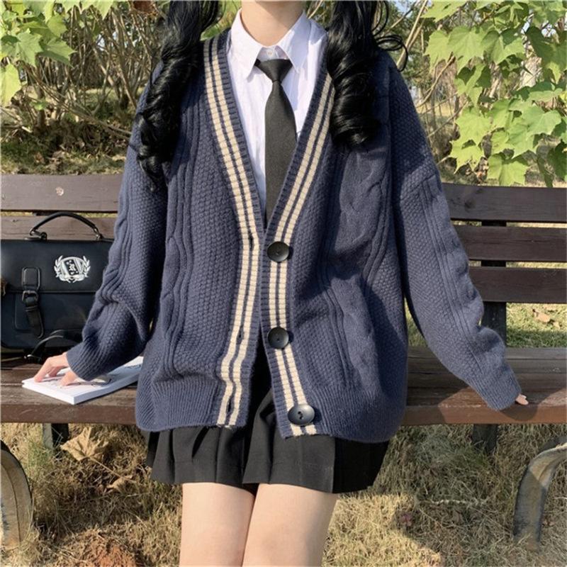 

Clothing Sets Japanese Korean School Uniform For Girls Autumn Winter College Style Loose Knitted Cardigan Fashion Solid Color Sweet Coat 202, Color1