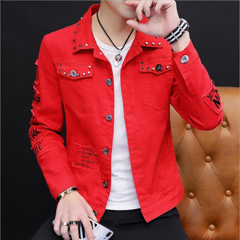 

Spring 2020 Men Denim Jacket male Korean version hole denim trend rivet jacket COAT JEAN Outerwear, Black;brown