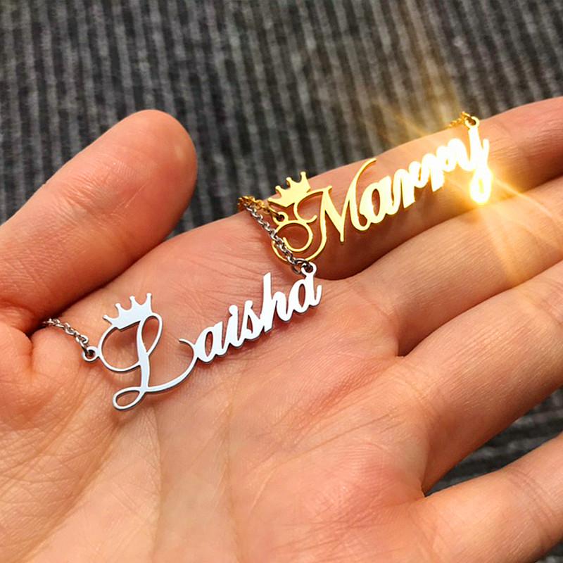 

Personalized Charms Name Gold Silver Color Stainless Steel Necklaces For Women Custom Crown Nameplate Necklace Pendant Jewelry Chains