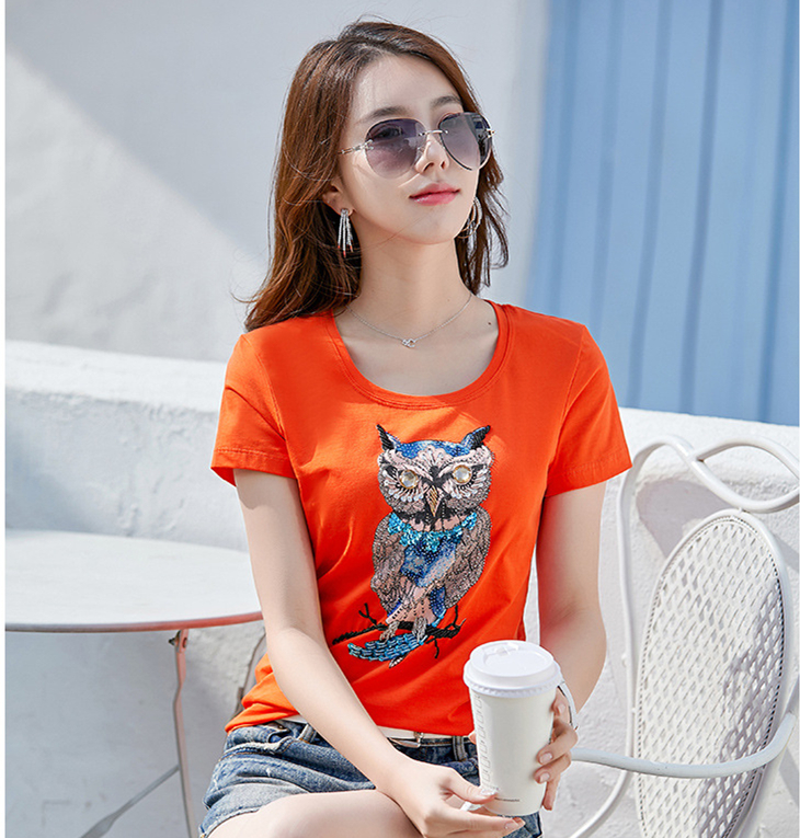 

2021 Runway Sequins Luxury T-Shirt Ladies Designer Short Sleeve Beading Crystal 3D Pattern Elegant t shirt Slim Business Office Women Summer Autumn Printed Tees Tops, 06