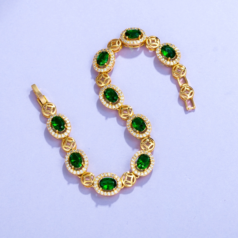 Brillant Green Zircon Inlaid Women Bracelet Chain 18k Yellow Gold Filled Classic Girl Shiny Wrist Gift-image-708868615