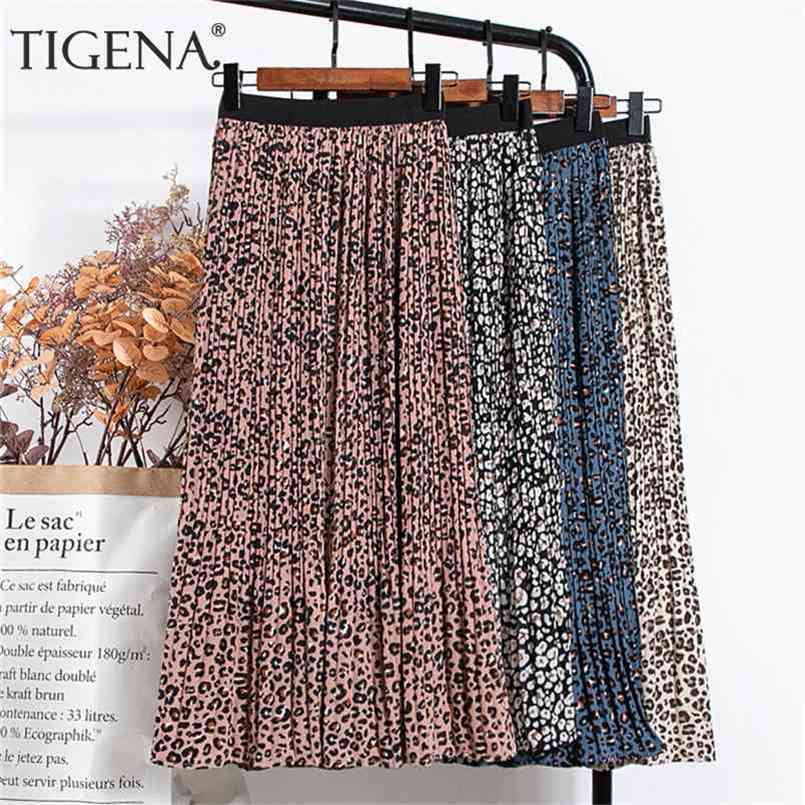

TIGENA Spring Vintage Leopard Chiffon Skirt Women Fashion Print Lined A Line Elastic High Waist Pleated Long Female 210702, Black