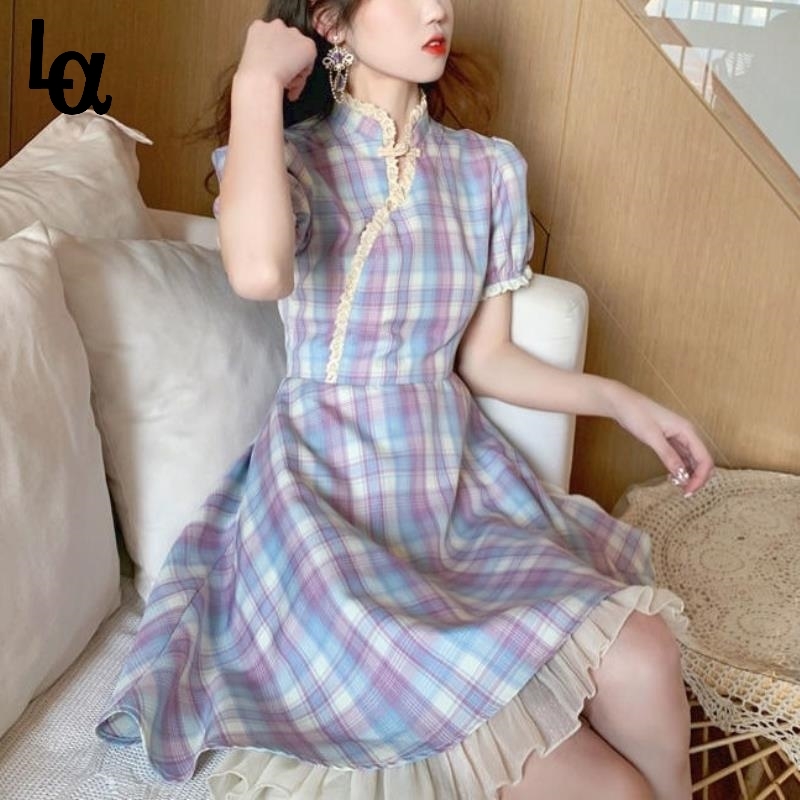

Summer Kawaii Purple Plaid Dress Women Japanese Vintage Sweet Short-sleeved Lace es College Style Ruffle 210519