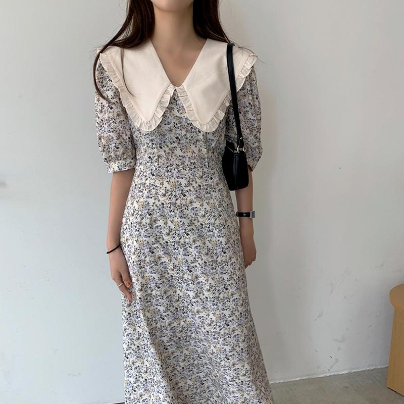 

Casual Dresses Korean Style Women Dress Summer 2022 Turn-down Collar Floral Vintage Lady Sweet Printed Elegant Vestidos 15339, Black;gray
