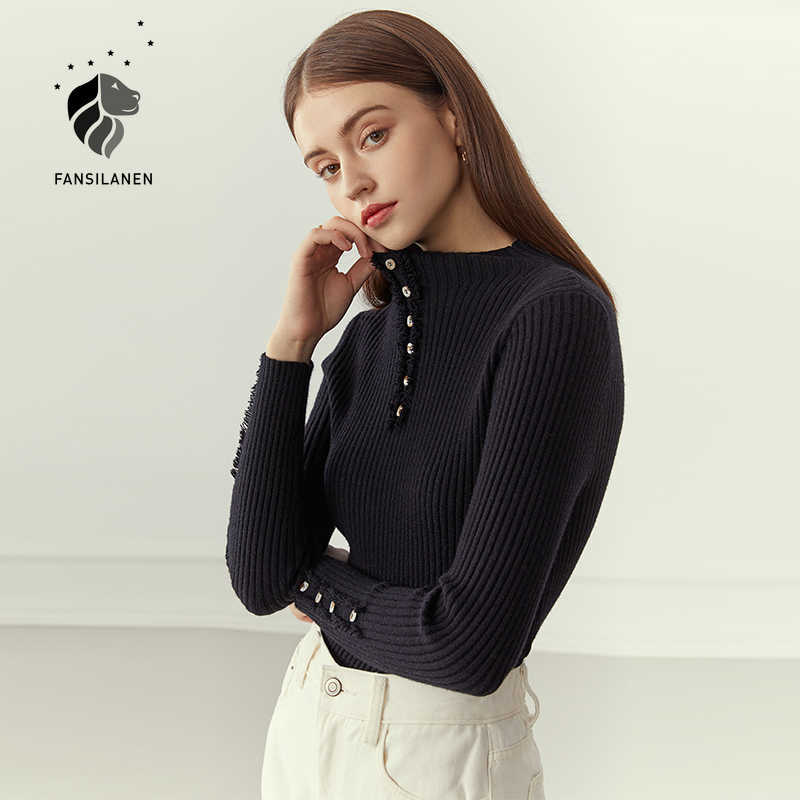 

FANSILANEN Tassel fringe basic slim knitted sweater Women button long sleeve white pullover Autumn winter female black jumper 210607, Apricot