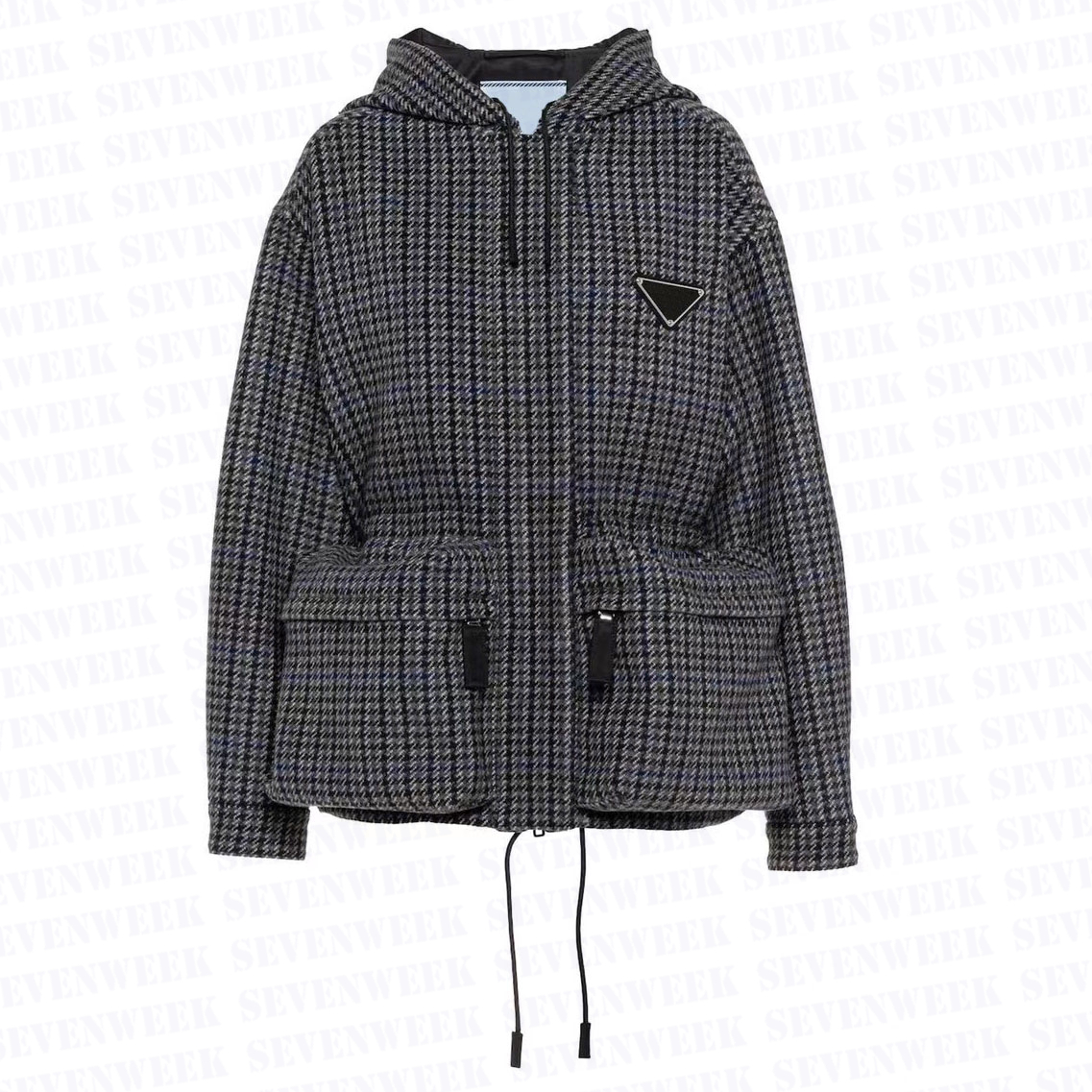 

Plaid Women Designer Hooded Woolen Coat Jackets With Triangle Badge High Grade Womens Outercoat Clothing Long Sleeve, Extra shipping postage/no ship