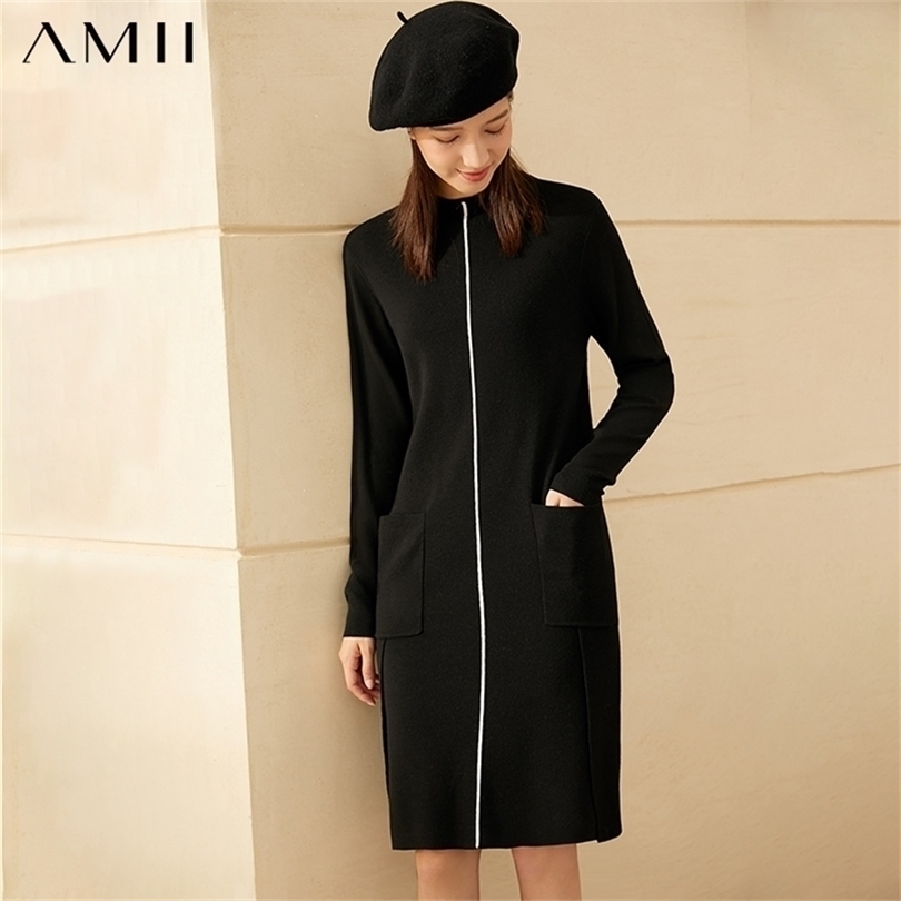 

Amii Minimalism Autumn Winter Women' Sweater Dress Causal Knitted Oneck Slim Flim Knee-length Dresses For Women 12030471 211109, Black