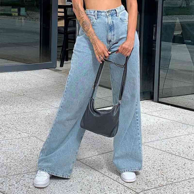 

women's jeans wide leg women loose high waist straight denim pants plus size casual baggy jean trousers washed classic female new, Blue