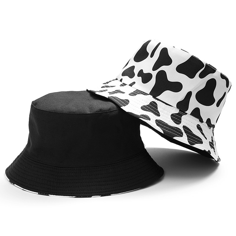 

Fitted Hat Summer Reversible Black White Cow Print Bucket Hats For Women Outdoor Travel Sun Hat Sun protection Fisherman Cap Me, Cow two sided