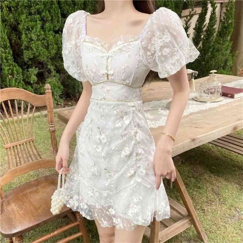 

Elegant Dress Women Lace Puff Sleeve Floral Print Office Lady French Style Summer White Vintage Retro 210519