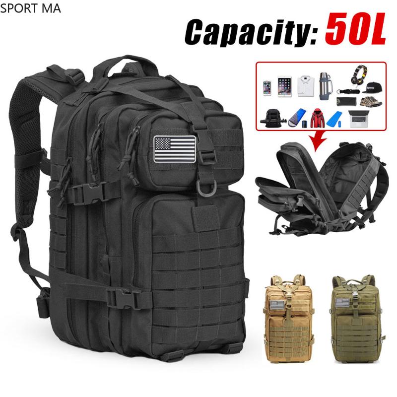 Sacs de plein air 50L Capacité Tactique Sac À Dos Hommes Armée Mochila Militar 3P Softback Étanche Sac À Dos Sport Randonnée Camping Chasse Sac