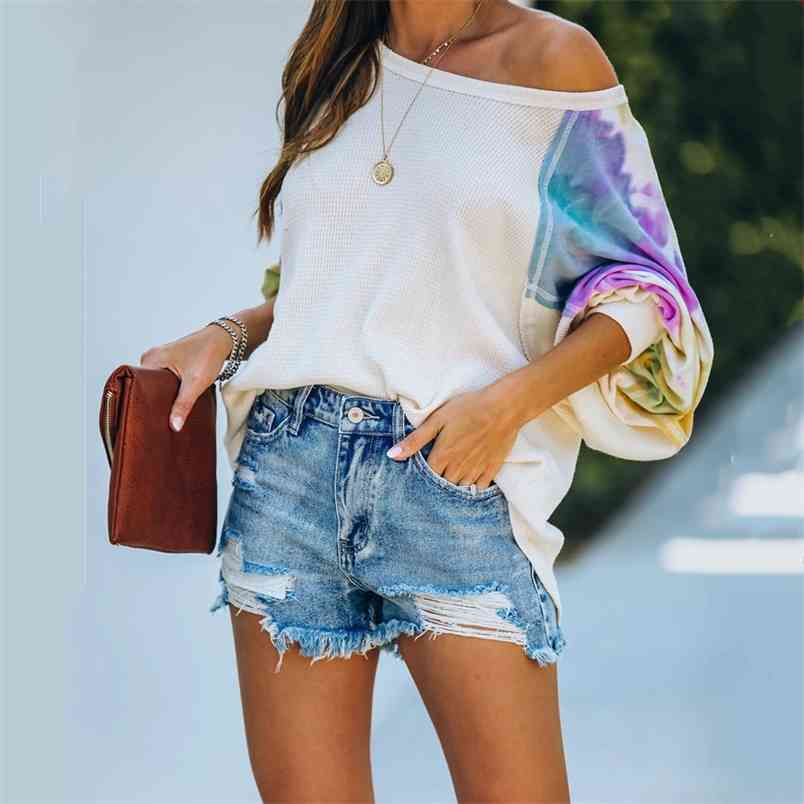 

Autumn And Winter Women's Tie-dye Printing Long-sleeved Round Neck Sweatshirt Ladies Casual Loose Bat Sleevehoodies Moletom 210517, White