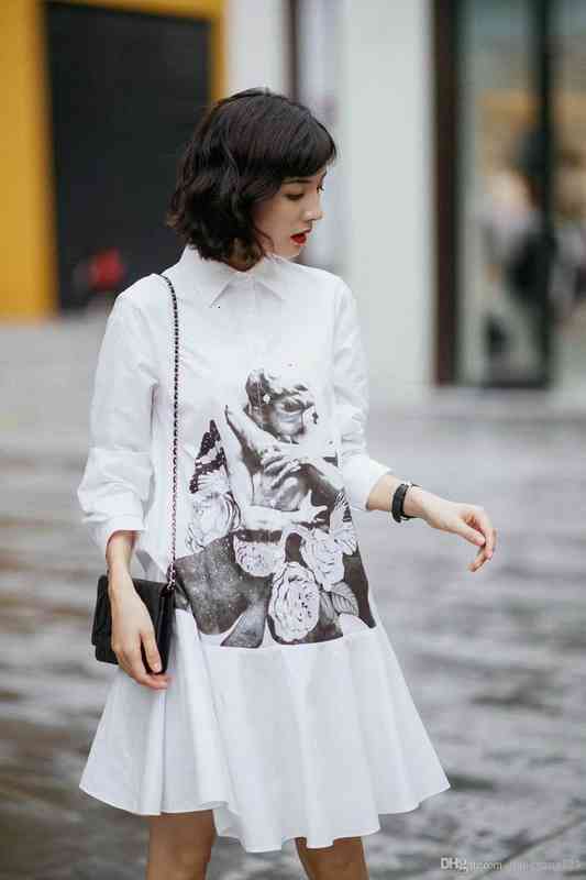 

Casual Dresses big brand European spring summer Lapel black white couple romantic printing pure cotton crisp loose Ruffle hem shirt dress DZ1N