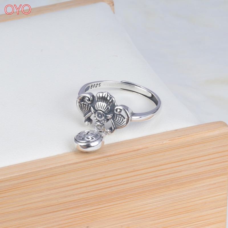 

Cluster Rings Real S925 Sterling Silver Bat Retro Hi Tassel Trend Index Finger Ring Women, Golden;silver