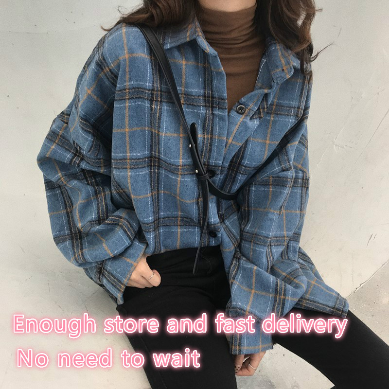 

Korean Style Oversized Plaid Shirts Blouse Women Autumn Cotton Blouse Long Sleeve Plus Size Blouses 2021 Button Up Shirt Blusas, Khaki
