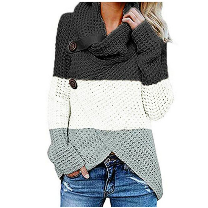 

Women's pullover sweater color block knitted color block casual long-sleeved loose high collar autumn and winter, White;black