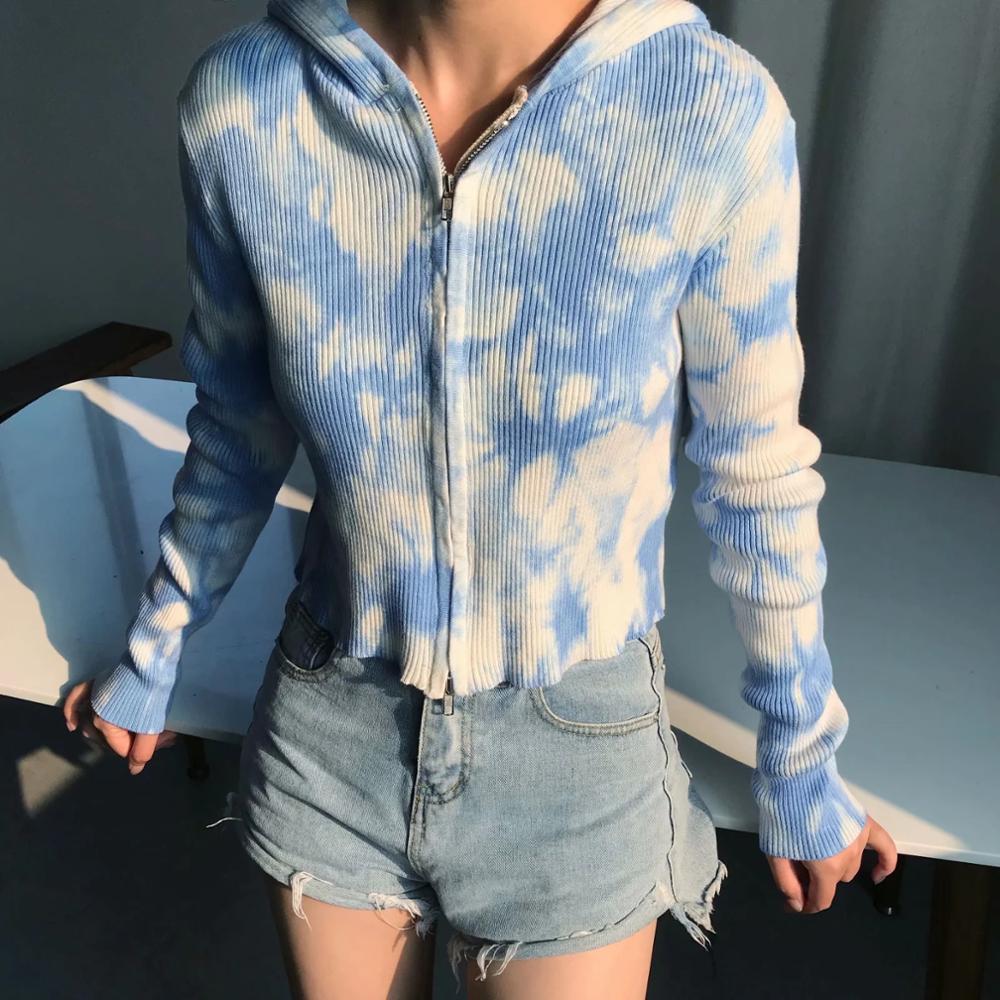 

Women Fashion Cotton Print Knitted Cardigan Vintage Sweaters Long Sleeve Female Zip Hooded Jumpers Chic Tops 210521, Sky blue