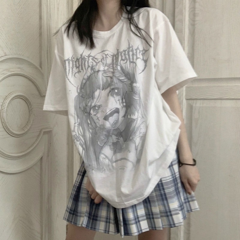 

Women's T-Shirt Japanese will see dark gothic cartoons hip-hop t-shirts letter short sleeve print vintage tops harajuku t-shirt, Beige.