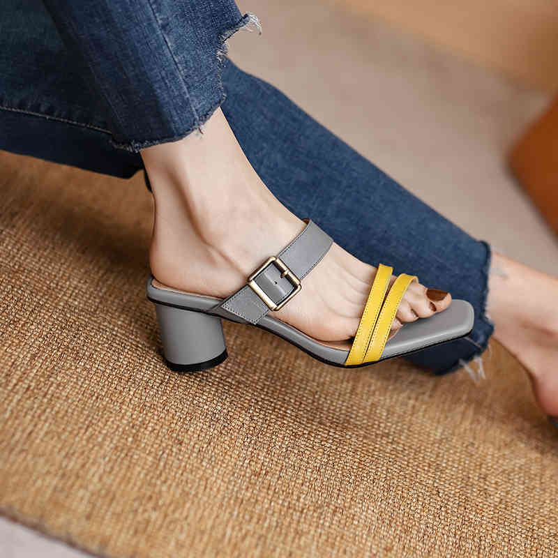 

Sandals summer genuine leather casual modern sandals women's round-heeled shoes buckle ladies high (5cm-8cm) KAC0, 1# shoe box