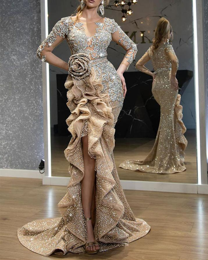 

Plus Size Gold Sequins Mermaid Prom Dresses Elegant Long Sleeves Evening Gowns Off Shoulder Women Cheap High Split Formal Dress 2023, Same as picture
