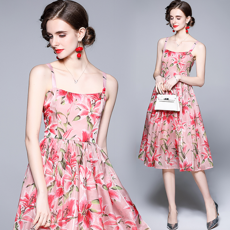 

2021 Sexy Runway Printed Halter Dress Luxury Fashion Ladies Sleeveless Floral Office Holiday Prom Slim A-Line Pleated Dresses Summer Autumn Casual Women Clothes, 03