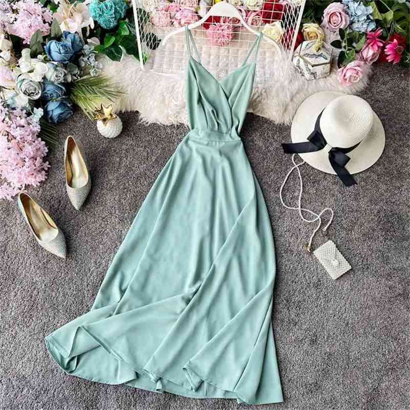 

Beach Dress Women Slim High Waist V-neck Sexy Bodycon Dresses Summer Elegant Ladies Backless Spaghetti Long Robe Vestidos Mujer 210525