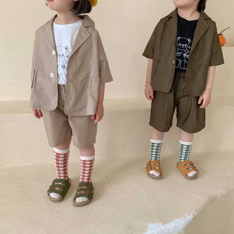 

Summer Fashion Cotton Set Boys and Girls Solid Color Loose Short Sleeve Outfits Clothes 210615, Khaki