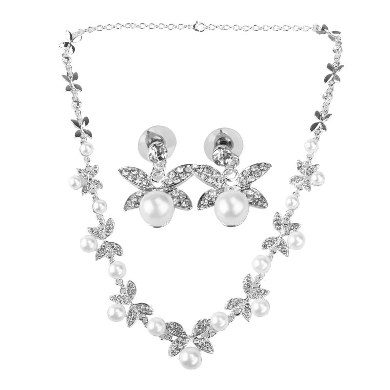 

Earrings & Necklace Wedding Party Prom Jewelry Rhinestone Faux Pearl Set, Silver