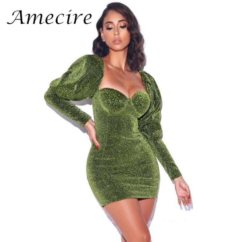 

Casual Dresses Amecire Women Elegant Pencil Dress Chic Puff Sleeve Celebrity Party Mini Sexy Backless Green Sparkly Glitter Outfits
