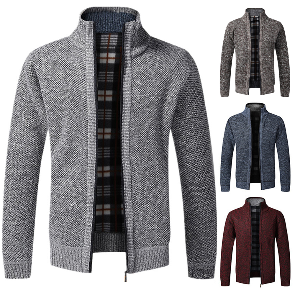

Autumn Winter Men Sweater Knit Cardigan Slim Fit Stand Collar Zipper Jacket Solid Cotton Thick Keep Warm, Multi