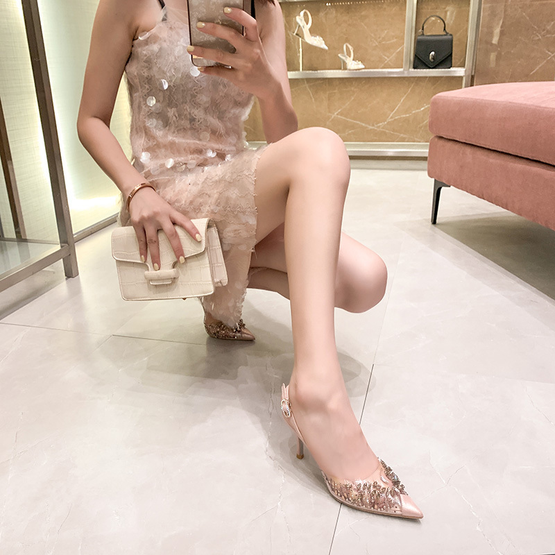 

sandals flat-heeled sandals pointed at transparent high heels, thundered strass , summer fairy fashion for woman thin heels. kt6k, Black