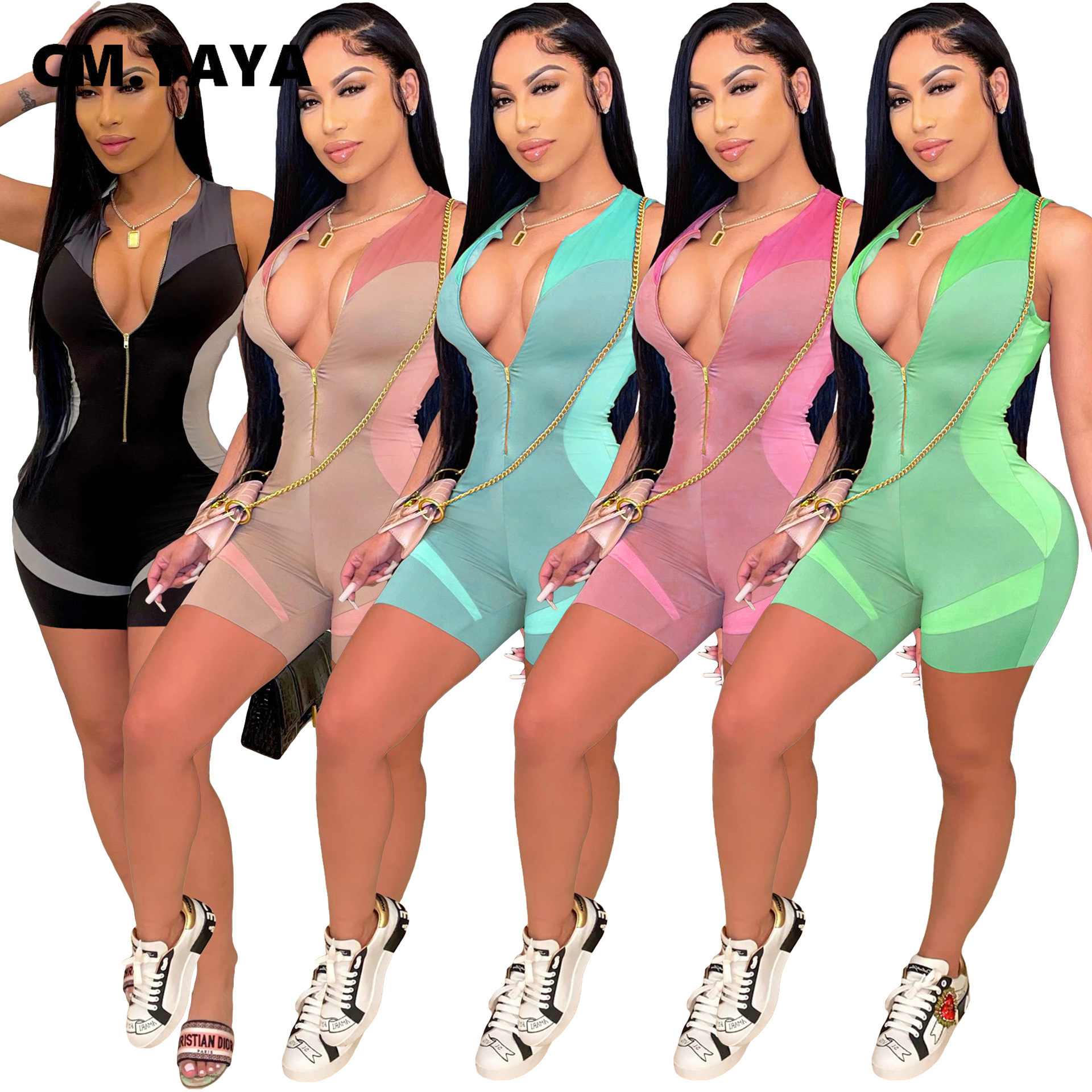 

CM.YAYA Patchwork Playsuit Bodycon Rompers for Women Sleeveless Short Zipper Up Jumpsuit Active Moto Biker Summer Outfit, Pink