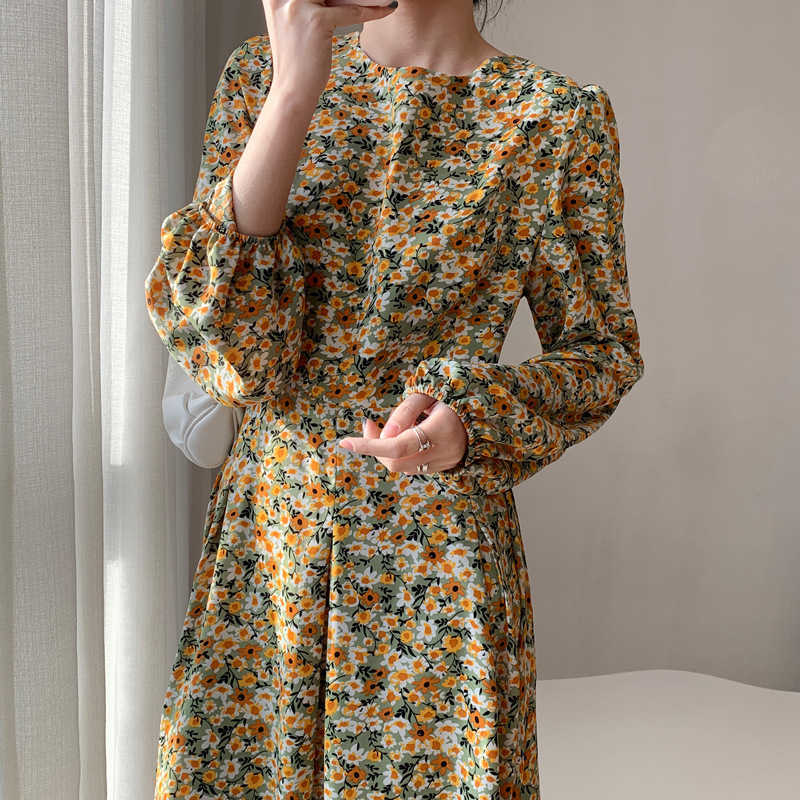 

Spring O- Neck Floral Dress French Women's Summer Printing Midi Retro 210607, Oyster grey