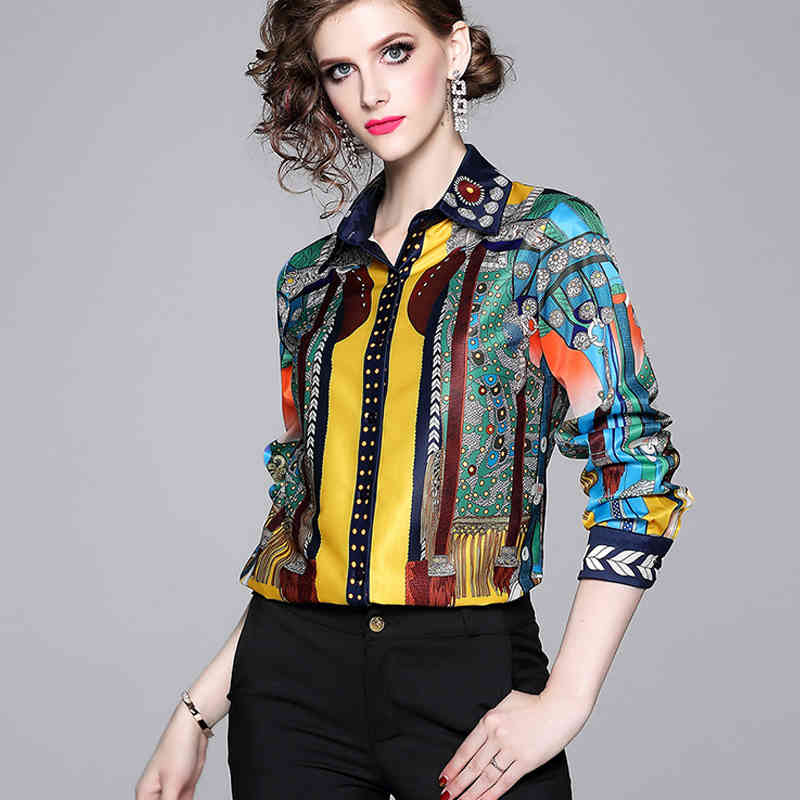 

Women Designer slim Runway Shirts Fashion Print Elegant Blouse Shirt Ladies Office Tops Blusa Mujer 210520, V30-3198
