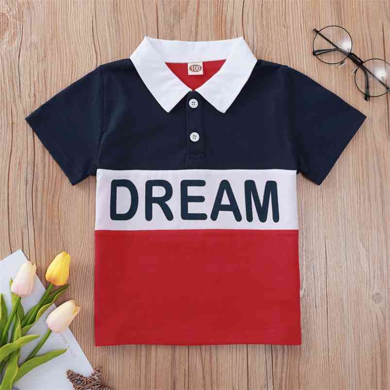 

Summer Children Casual Cotton Short Sleeve Turn-down Collar Button Patchwork Letter Baby Girl Or Boys T-shirt 1-8T 210629, Red