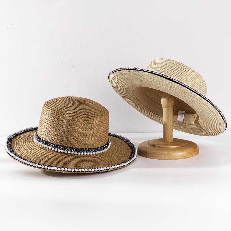 

Summer Ladies Spring Hats Flower Beads Wide Brim Jazz Panama Straw Sun Visor Beach Hat Rivet Pearl Cap, White