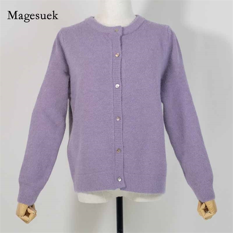 

Women Winter O-Neck Short Knitted Sweater Cardigan Loose Coat Long Sleeve Solid Single Breasted Blusas Mujer 10949 210518, Light purple