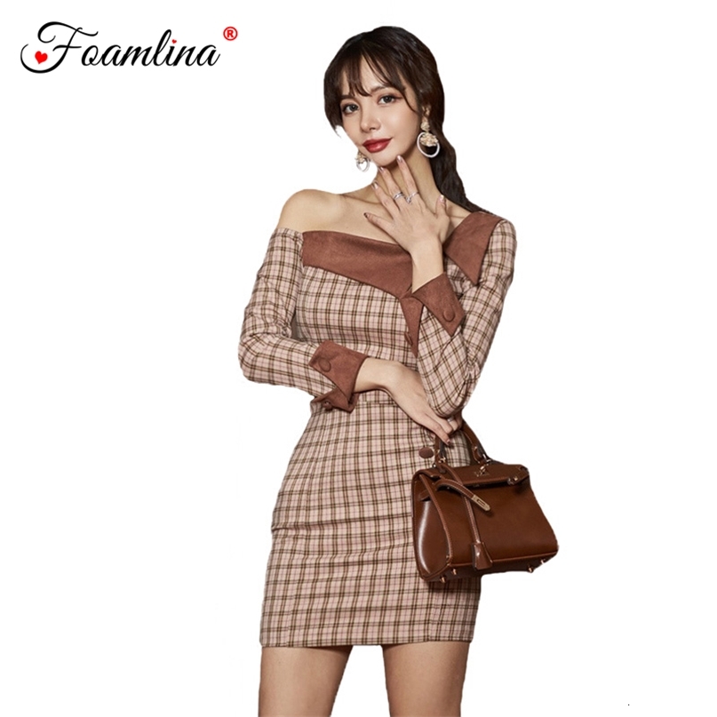 

England Style Plaid Print Party Dress Women Spring Fashion Slash Neck One Shoulder Long Sleeve Mini Bodycon 210603, As picture