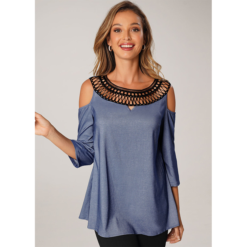 

Lace Stitching Cold Shoulder 3/4 Sleeve T Shirt, White