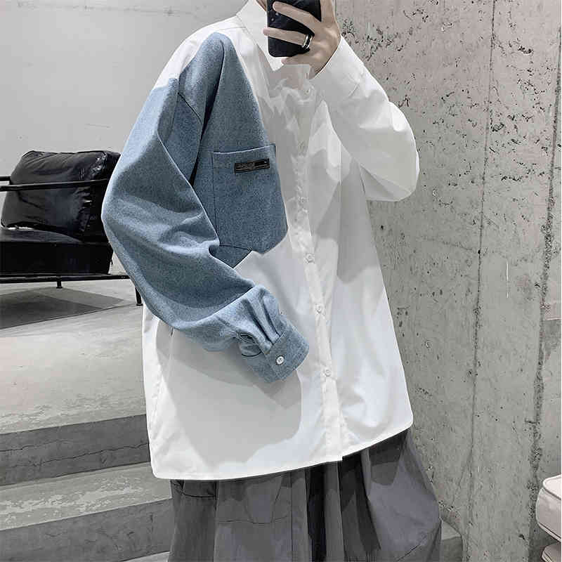 

men's casual shirts big-size jean shirts patchwork, long-sleeve jeans for harajuku teens, fashion trends ncxi, White;black