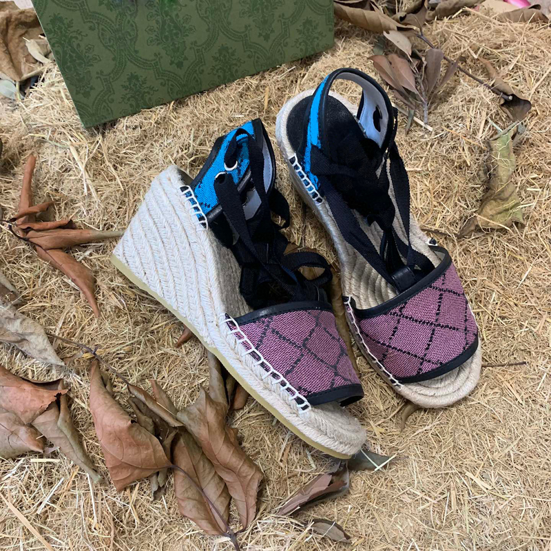 

2021 Women Designer Straw Platform Wedge Sandals Multicolored canvas Espadrille shoes Ankle Lace-up matelassé Causal rope strap Ladies High Heel sandals, Purple