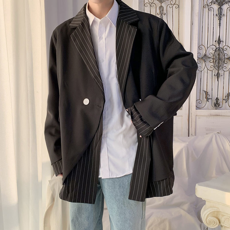 

Men's Blazer Lapel 2021 Autumn New Loose Fake Two Piece Single Breasted Black Gray Casual Suit Simple Retro Ins Streetwear, White;black