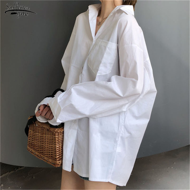

Women Summer Autumn Women's Blouse Sunscreen Solid White Button Shirt Long Sleeve Casual Lose for Female Blusas 11105 210521