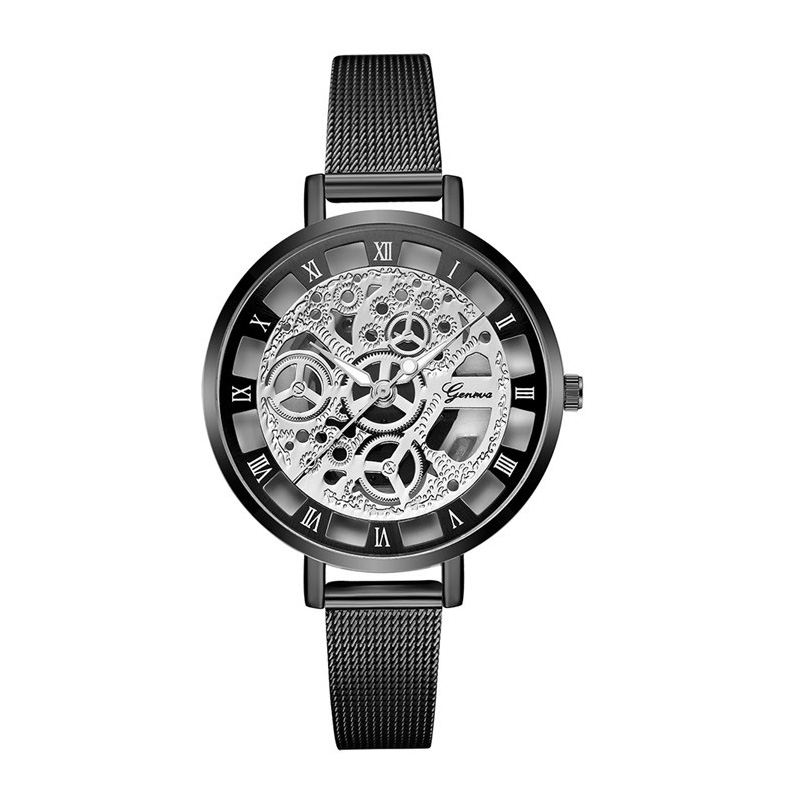 

Geneva Watches 802 Hollow Simple Hand Clock 38MM Men Skeleton Wristwatch Gold Watch Metal Mesh Strap Relogio Masculino, Black