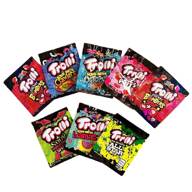 

12 flavors Mylar Bag Trolli Trrlli Errlli Edibles Gummies Packaging Smell Proof Resealable Zipper Lock Pouch 600mg Logo Custom Crawlers Sour Brite Case