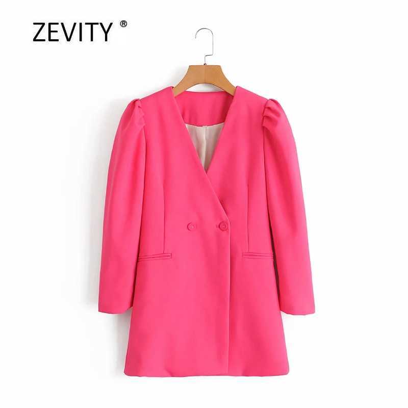 

Zevity women fashion v neck puff sleeve chic blazer coat office lady double breasted causal stylish outwear coat tops C519 210603, As pic ct519dt