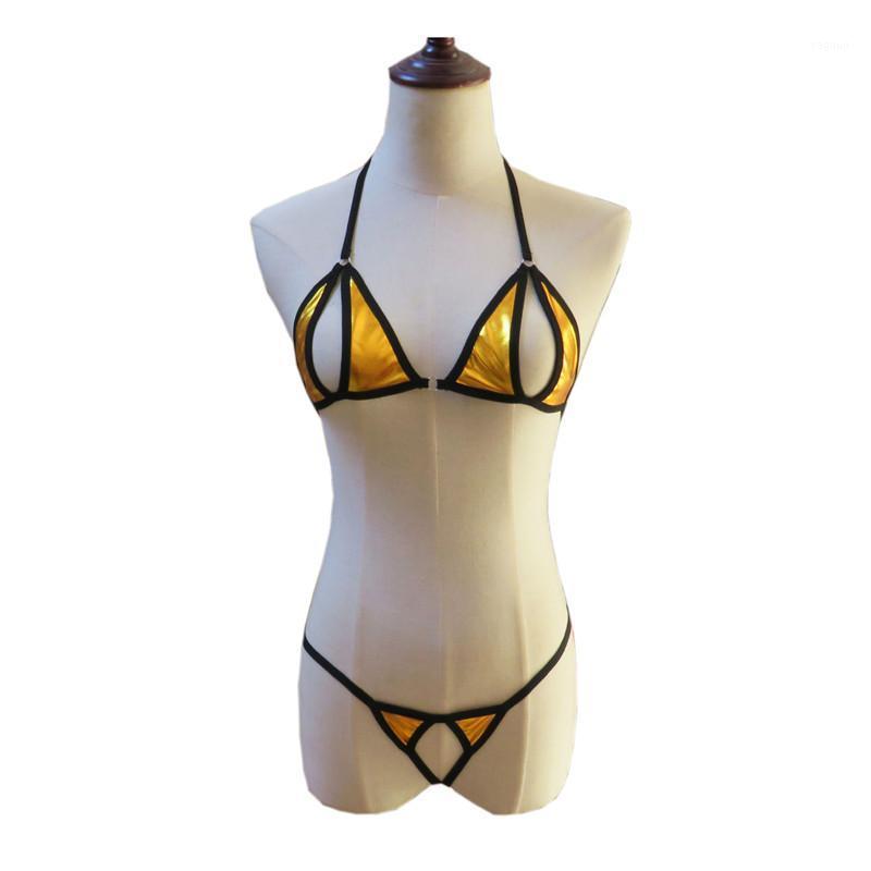 

Micro Bikini Plus Size Swimwear Women Swimsuit Biquini Bikinis Patent Leather Hollow Out Shuangpin Metal Ring String Lace Women's, Black