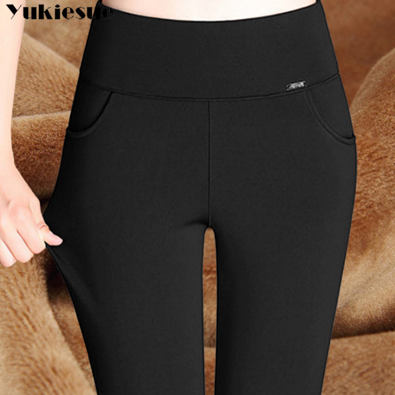 

elastic black trousers with high waist skinny fit leggings thick velvet warm waisted winter pants women fleece mom 210518, Black green velvet